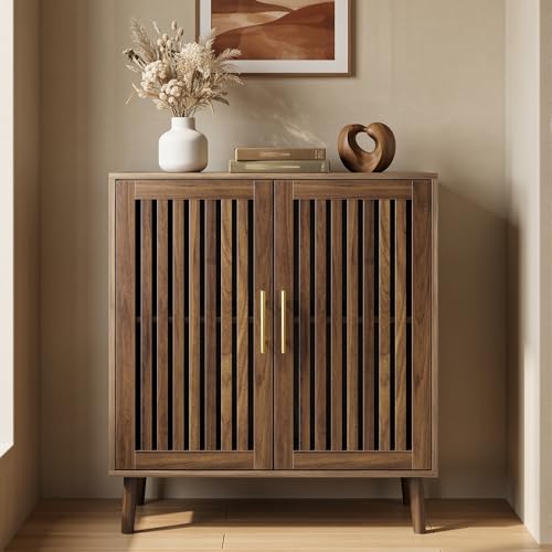Smart FENDEE Sideboard Cabinet, 31.5" W Farmhouse Buffet Cabinet with Slatted Doors & Adjustable Shelf, Wood Coffee Bar Storage Station for Kitchen, Dining Room, Living Room, Entryway, Walnut Color - color: Walnut, size: 31.5 inch