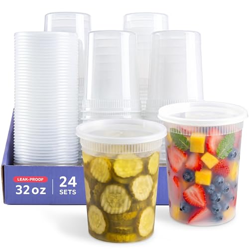 GUSTO [32 oz. - 24 Count Plastic Deli Containers with Lids - Disposable Food Storage Containers With Airtight Lids, Ideal for Soups, Stews, and Meal Prep - size: 32 oz