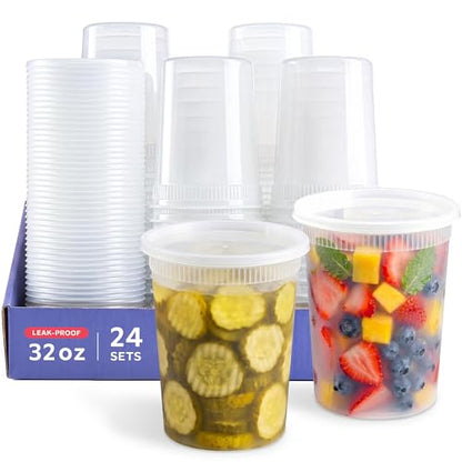 GUSTO [32 oz. - 24 Count Plastic Deli Containers with Lids - Disposable Food Storage Containers With Airtight Lids, Ideal for Soups, Stews, and Meal Prep - size: 32 oz