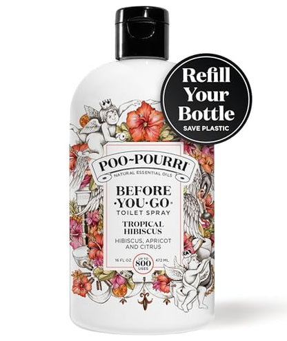 Poo-Pourri Before-You-Go Toilet Spray Refill, Tropical Hibiscus, 16 Fl Oz, Up to 800 Uses, Bathroom Odor Deodorizer with Essential Oils for Home or Work, Hibiscus, Apricot and Citrus Scent - size: 16 Fl Oz (Pack of 1)