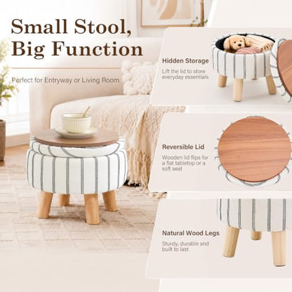 Wimarsbon Storage Ottoman, Modern Round Footrest with Soft Padded Seat, Striped Fabric Footstool with Wood Legs, Accent Small Table or Plant Stand for Hallway, Living Room (Black and White) - color: Black and White