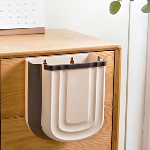 Kitchen Hanging Trash Can, 2.4 Gallon / 9L Collapsible Waste Bin, Small Kitchen Compost Bin for Food Scraps, Wall Mounted Garbage Can for Bathroom, Car, RV(Khaki) - color: Khaki