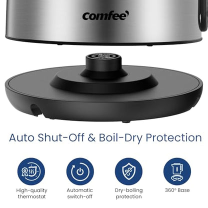 COMFEE' Stainless Steel Electric Kettle, 1.7 Liter Tea Kettle Electric & Hot Water Kettle, 1500W Fast Boil with LED Light, Auto Shut-Off and Boil-Dry Protection - color: Stainless Steel, size: 1.8 Quarts