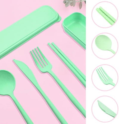 ELANE 4 Sets Reusable Travel Utensils Set with Case,Camping Cutlery Set Reusable Cutlery Set with Case,Utensil Sets for Lunch Picnic Daily Use Outdoor (lightgreen) - color: lightgreen