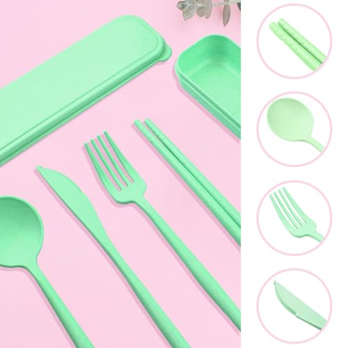 ELANE 4 Sets Reusable Travel Utensils Set with Case,Camping Cutlery Set Reusable Cutlery Set with Case,Utensil Sets for Lunch Picnic Daily Use Outdoor (lightgreen) - color: lightgreen