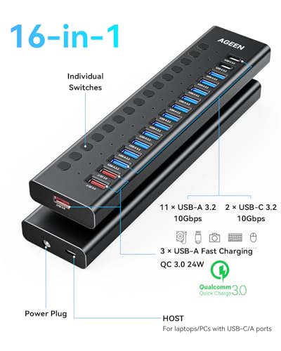 AGEEN 16-Port Powered USB 3.2 Hub-10Gbps SuperSpeed Data Splitter with 2 USB-C & 11 USB-A Ports, 3 x 24W QC 3.0 Fast Charging Ports, Individual On/Off Switches, 96W Power Adapter for Laptop, PC - size: 16-Port (10Gbps)