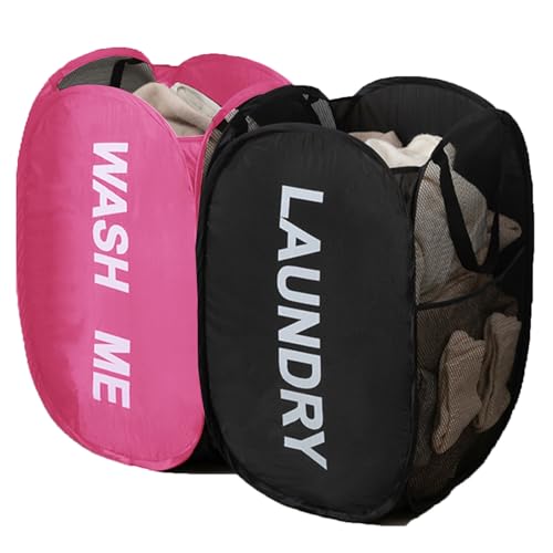 2 Pack Mesh Pop Up Laundry Hamper Collapsible Laundry Basket with Side Pocket, Strong Handles, Storage Organizer for Bedroom, Nursery Room, College Dorms (Black+Pink) - color: Black + Pink