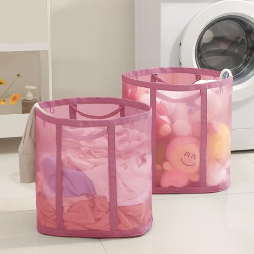 Mesh Bag with Handles, Collapsible Laundry Basket, Foldable Laundry Bag, Breathable Folding Beach Bag,Space-saving Travel Tote Bags (2, Pink) - color: Pink