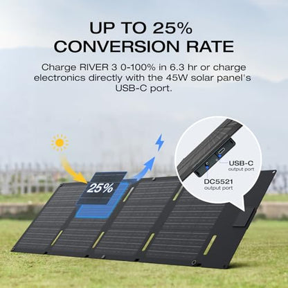 EF ECOFLOW Solar Generator RIVER 3 with 45W Solar Panel, 245Wh Portable Power Station LiFePO4 Battery, 300W Up to 600W AC Output, <20 MS UPS, 1Hr Fast Charging Power Station for Outdoor/Camping/RVs - style: RIVER 3+45W Solar Panel
