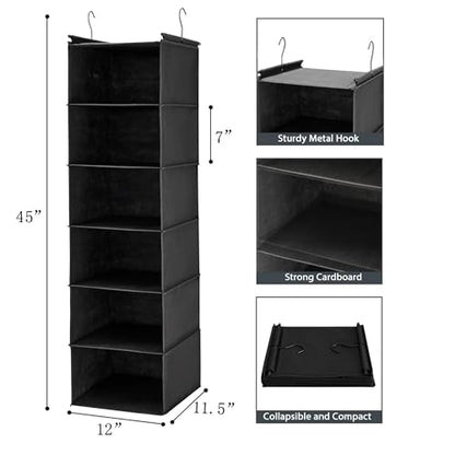 MAX Houser 6 Tier Shelf Hanging Closet Organizer, Closet Hanging Shelf with 2 Sturdy Hooks for Storage, Foldable (Black) - color: Black
