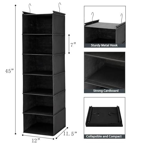 MAX Houser 6 Tier Shelf Hanging Closet Organizer, Closet Hanging Shelf with 2 Sturdy Hooks for Storage, 2 Pack, Foldable (Black) - color: Black-2