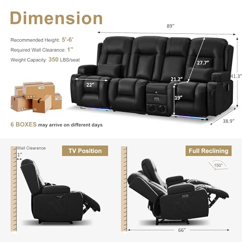 URRED Power Loveseat Recliner Sofa with Massage and Heat, Wall Hugger Reclining Loveseat with Console, RV Couch Home Theater Seating with LED Lights for Living Room (Black, 89.8" - 3 Seats) - color: Black, size: 89.8" - 3 Seats