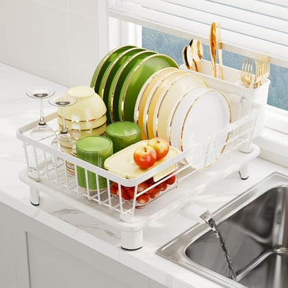 Dish Drainer Rack with Drip Tray, Sink Dish Drainer with Drainage Spout, Stainless Steel Dish Drying Rack with Cups, Utensil & Cutting Board Holders for Kitchen Counter Space-Saving, White - color: White