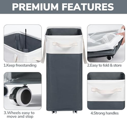Goodpick Laundry Basket with Wheels, 75L Laundry Hamper for Dirty Clothes, College Dorm Essentials, Clothes Hamper for Livng Room, Grey&White - color: Grey & White