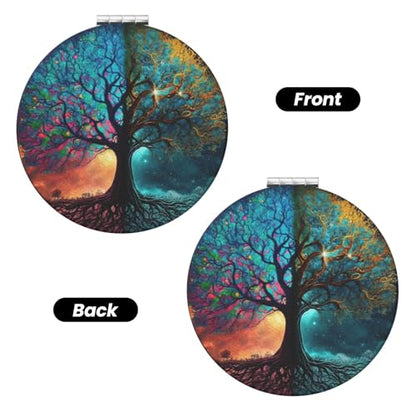 Magic Fantasy Tree Art Print Foldable Travel Pocket Mirror Round PU Leather Portable Mini Makeup Double Sided Handheld Magnifying,2.6 in - color: Magic Fantasy Tree Art