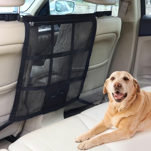 Dog Car Net Barrier,9-Grid Reinforced,Easy Install | Double mesh with zipper storage,Universal fit for SUVs, sedans & trucks,Breathable for AC flow,Keeps dogs safely in back.