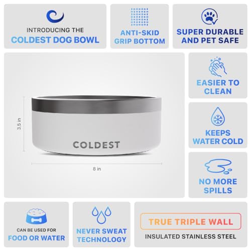 Coldest Dog Bowl - Anti Rust Metal, Non Slip, 3 Layers Insulated Stainless Steel Dog Bowls - Spill Proof & Heavy Duty - Water Bowl for Dogs, Cats & Pets, Dish Washer Safe (64 oz, Epic White) - color: Epic White, size: 64 oz