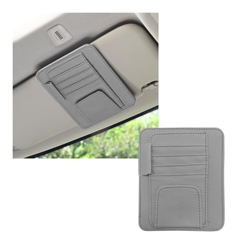Dickno Small Leather Car Sun Visor Organizer, Multifunctional Auto Visor Document Holder with Sunglasses Clip, Universal Car Interior Organizer for Drving License, Card, Pen (Gray) - color: Gray, 1PC