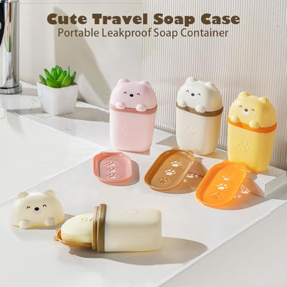 3Pcs Cute Travel Soap Case, Portable Leakproof Soap Container Box Dish with Lid, Draining Soap Holder with Covers for Bathroom Gym Traveling Camping Outdoor (Bear Shape)