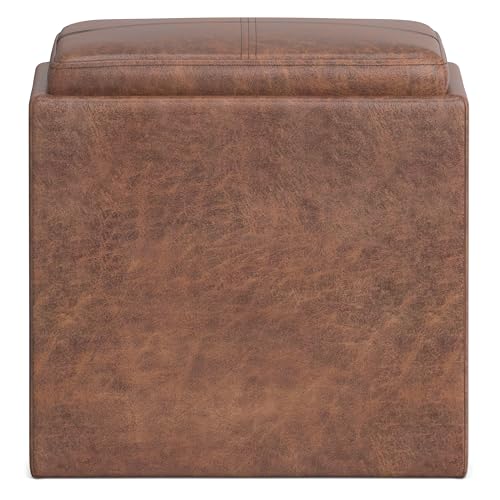 SIMPLIHOME Rockwood Cube Storage Ottoman with Tray - 17" Wide x 17" High Upholstered Vegan Leather Square Storage Ottoman in Distressed Saddle Brown, Contemporary Cube Ottoman with Serving Tray - color: Distressed Saddle Brown