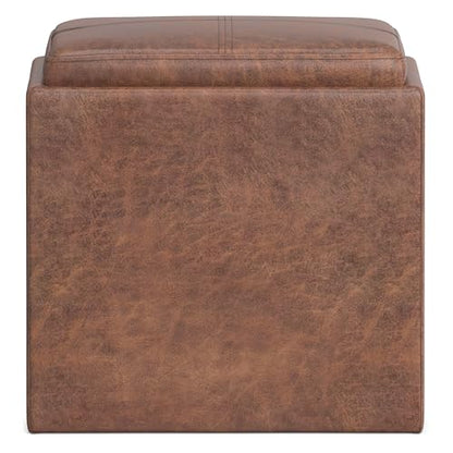SIMPLIHOME Rockwood Cube Storage Ottoman with Tray - 17" Wide x 17" High Upholstered Vegan Leather Square Storage Ottoman in Distressed Saddle Brown, Contemporary Cube Ottoman with Serving Tray - color: Distressed Saddle Brown