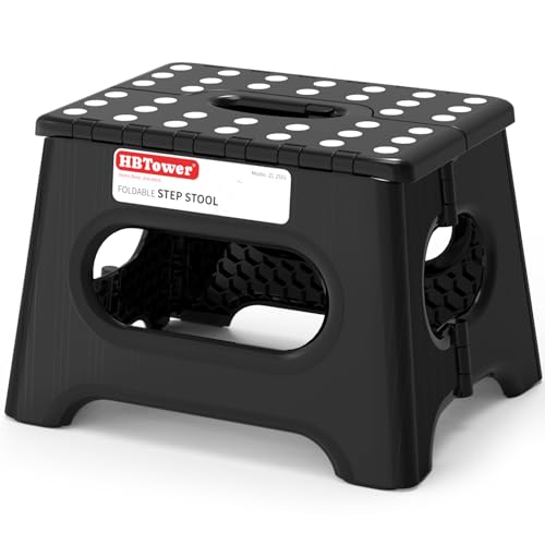HBTower Folding Step Stool 9 Inch - Holds 600 lb, Non-Slip Surface & Carry Handle - Sturdy Step Stool for Kids, Toddlers & Adults - Compact Foldable Foot Stool for Kitchen, Bathroom, Bedroom, Outdoor - color: Black