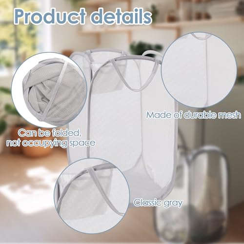 Foldable Pop Up Laundry Hamper – Set of 2 Collapsible Mesh Baskets with Handles for Kids, Baby, Dorm or Travel, Dual-Use Laundry Organizers for Clothes, Toys, Storage – Gray