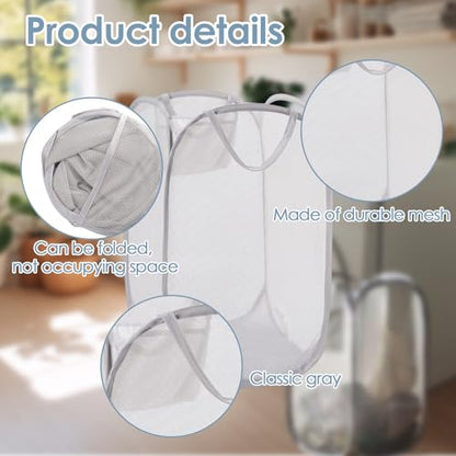 Foldable Pop Up Laundry Hamper – Set of 2 Collapsible Mesh Baskets with Handles for Kids, Baby, Dorm or Travel, Dual-Use Laundry Organizers for Clothes, Toys, Storage – Gray