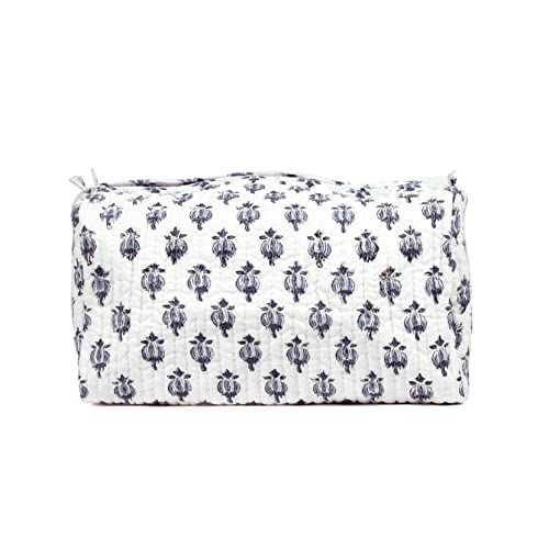 Cotton Hand Block Floral Print Toiletry Bag For Women Make Up Cosmetic Bag Jewelry Organizer Kit Storage Bag Case Travel Accessories Essentials Toiletries Purse Open Pouch White 2 (9.25"x 6.88"x 4.5") - color: White, size: Set of 1