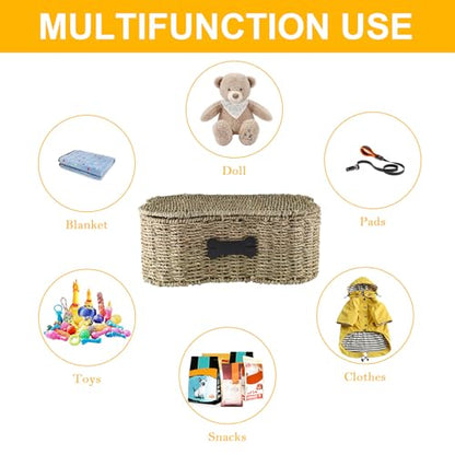 Seagrass Wicker Baskets for Dog Toys,Bone Shaped Dog Toy Bin with Lid,Personalized Dog Toy Organizer Boxes for Living Room,Farmhouse Handmade Pet Dog Storage,Dog Stuff Organizer
