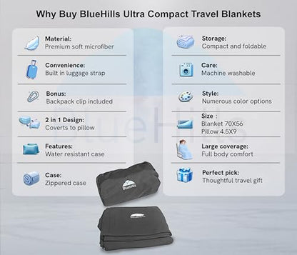 BlueHills Ultra Compact Travel Blanket 2 Pack Large Soft Cozy Portable Blanket Sheet with Carry Case and for Flight Airplane Car Layover Camping Hotel Grey C202-2PK-Gray - color: C202-2pk-gray