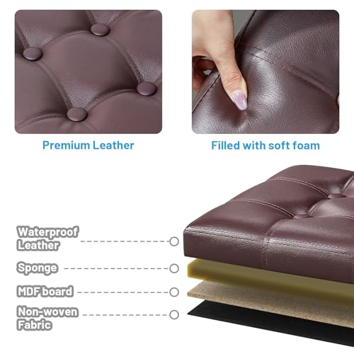Bsketa Storage Ottoman Foot Rest Stool, Small Leather Storage Ottomans Bench, Folding Footstool with Side Pockets, Foot Rest Under Desk for Living Room Bedroom, 17x13x13 in, Brown - color: Brown-with Side Pockets.