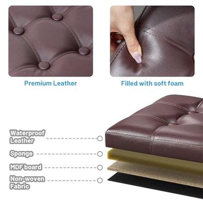 Bsketa Storage Ottoman Foot Rest Stool, Small Leather Storage Ottomans Bench, Folding Footstool with Side Pockets, Foot Rest Under Desk for Living Room Bedroom, 17x13x13 in, Brown - color: Brown-with Side Pockets.