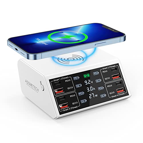 USB Charging Station,100W 8-Port Charging Station for Multiple Devices with 4 QC3.0+4 USB-C PD Ports,Wireless Charger,Multi Fast Charging Hub Charger Station for iPhone,Samsung, iPad - color: White
