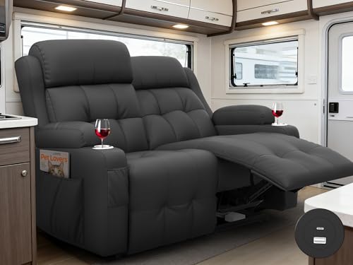 Reclining Loveseat with Pebble Texture Fabric, Loveseat Recliner with USB/Type C Ports, Storage & Cup Holders, RV Wall Hugger Recliner Sofa for Living Room & Home Theater & RV - color: Texture Black, size: Hera - Loveseat