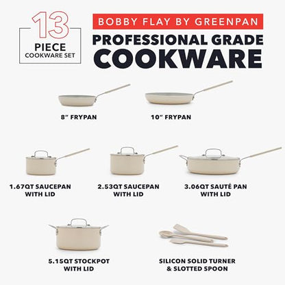GreenPan x Bobby Flay 13 Piece Nonstick Cookware Pots and Pans Set, PFAS-Free Diamond Ceramic, Induction Suitable, Easy Clean Dishwasher & Oven Safe, Stay-Cool Silicone Handles, Glass Lids, Cream - color: Cream
