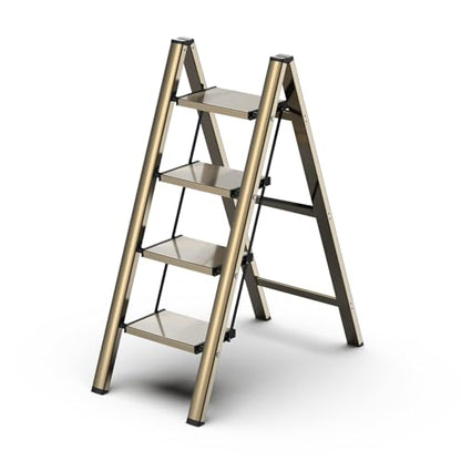 4 Step Ladder, Folding Step Stool with Wider Pedal, Anti-Slip Feet & Non Slip Stripes, Aluminum Sturdy Material, 300Lbs Capacity, Elegant Look of Champagne Gold Better Matches Your Home - color: Champagne Gold, size: 4 Step