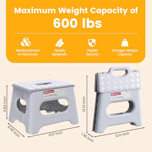 HBTower Folding Step Stool 9 Inch - Holds 600 lb, Non-Slip Surface & Carry Handle - Sturdy Step Stool for Kids, Toddlers & Adults - Compact Foldable Foot Stool for Kitchen, Bathroom, Bedroom(White) - color: White