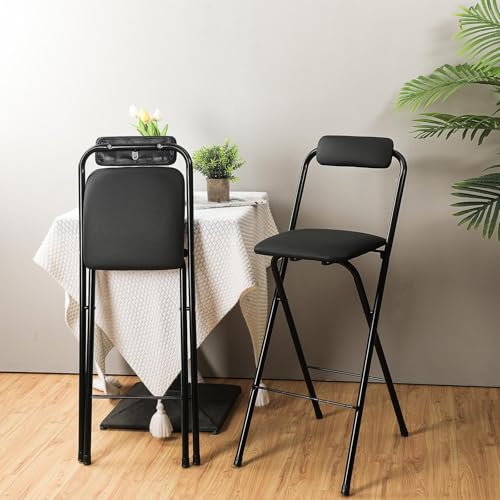 Thyle 2 Pcs Folding Bar Stool with Backrest, Tall Foldable Stool Chair Portable High Folding Bar Chair Counter Height Seat Leather Padded for Kitchen Island Shop Cafe Dining Room Black (29.5 Inch) - size: 29.5 Inch