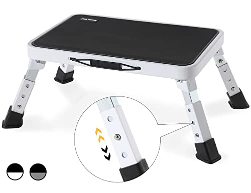Double Elite 3 Levels Adjustable Folding One Step Stool, Safer Metal Step Stools for Adults/Seniors, Heavy Duty Small Foldable Kitchen Stepping Stool for Bathroom Toddlers, Foot Stool Desk Office Work - color: White/Black