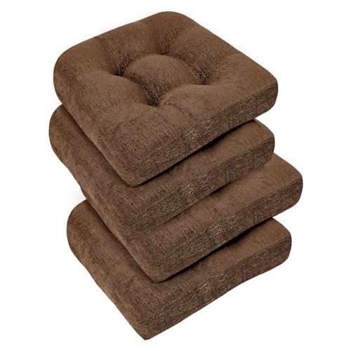 downluxe Chair Cushions for Dining Chairs 4 Pack, Tufted Indoor Chair Pads with Non-Slip Bottom, U-Shaped Kitchen Chair Cushions, 18"x18"x4", Brown - color: Brown, size: 18"x18"x4"(4 Pack)