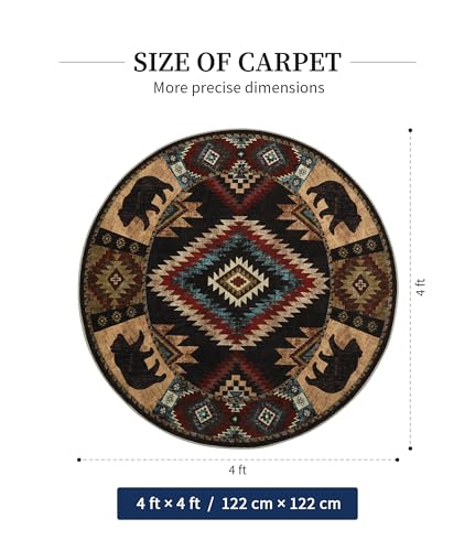 YIHOUSE Southwestern Round Rug 4ft, Low Pile Soft Circle Rug with Non-Slip Backing, Western Rustic Washable Rugs for Living Room, Bedroom - color: Bear, size: 4' (Round)