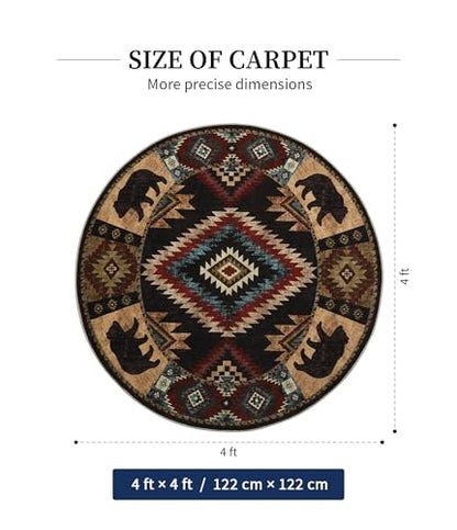 YIHOUSE Southwestern Round Rug 4ft, Low Pile Soft Circle Rug with Non-Slip Backing, Western Rustic Washable Rugs for Living Room, Bedroom - color: Bear, size: 4' (Round)