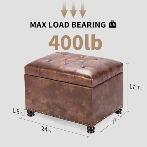 Joveco Leather Storage Ottoman, 24" Rectangle Tufted Square Upholstered Bench, Foot Rest Stool with Wood Legs, Footstool for Living Room Bedroom, Coffee - color: Coffee