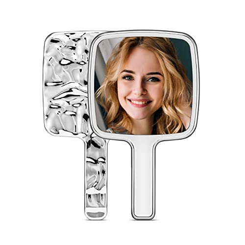 Handheld Mirror, Water Ripples Hand Mirror with Handle for Make up, Square, Silver, Small (4 x 7 inches) - color: Square+silver, size: 7"L x 3.9"W