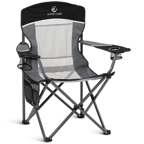 ALPHA CAMP Heavy Duty Camping Chair 500LBS Capacity, Oversized Folding Chair for Heavy People, Padded Portable Outdoor Chair with Cooler Bag & Cup Holder for Camping, Fishing, Beach - color: Black&grey, size: 1PC
