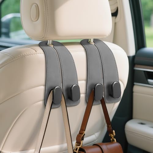 Car Seat Headrest Hooks - 2 Pack Universal Car Purse Hook, Leather Car Bag Purse Holder with Double Metal Hooks for Handbags, Grocery Bags, Bottles, Phones - color: Gray
