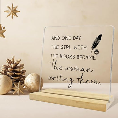 Writer Gifts for Women Men,the Girl With the Book Became the Woman Writing them Acrylic Sign for Home Office Desk Shelf - color: Purple