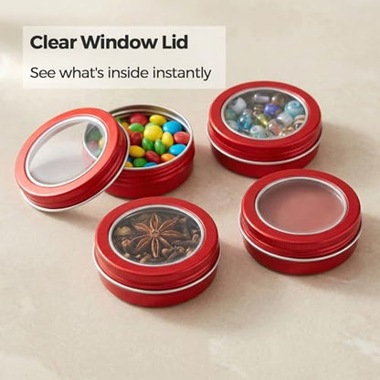 2 oz (60ml) Red Aluminum Tins with Clear Lids and Labels, 24 Pack | Clear View Lid, Secure Packaging, Tight Screw Lids, Includes Blank Labels, 11 Color Options - color: Red