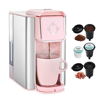 Mecity Pink Coffee Maker 3-in-1 Single Serve Coffee Machine, For Flat Bottom Coffee Capsule, Ground Coffee, 6 to 10 Ounce Cup, Removable 50 Oz Water Reservoir, 120V 1150W - color: Pink, size: 6.3 x 10.4 10.6 inches